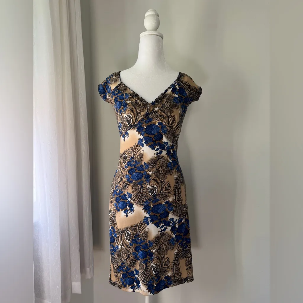 Vintage Y2K Venus USA Blue & Brown Floral Print Cap Sleeve Bodycon Mini Dress - Image 3