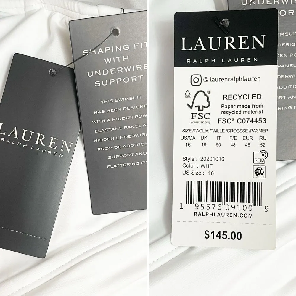 NWT Lauren Ralph Lauren White One Piece Swimsuit Size 16 Shirred Tummy Control - Image 13