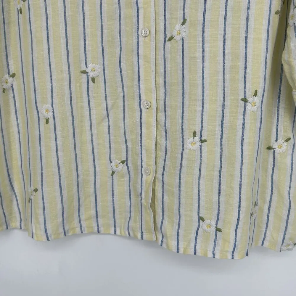 Coldwater Creek Linen Shirt Yellow Stripe Floral Embroidered Cottage Size M - Image 7