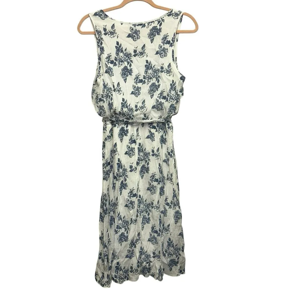 J Glee White Blue Floral Midi Sundress Sleeveless Button Front Belted Size M Size M - Image 4