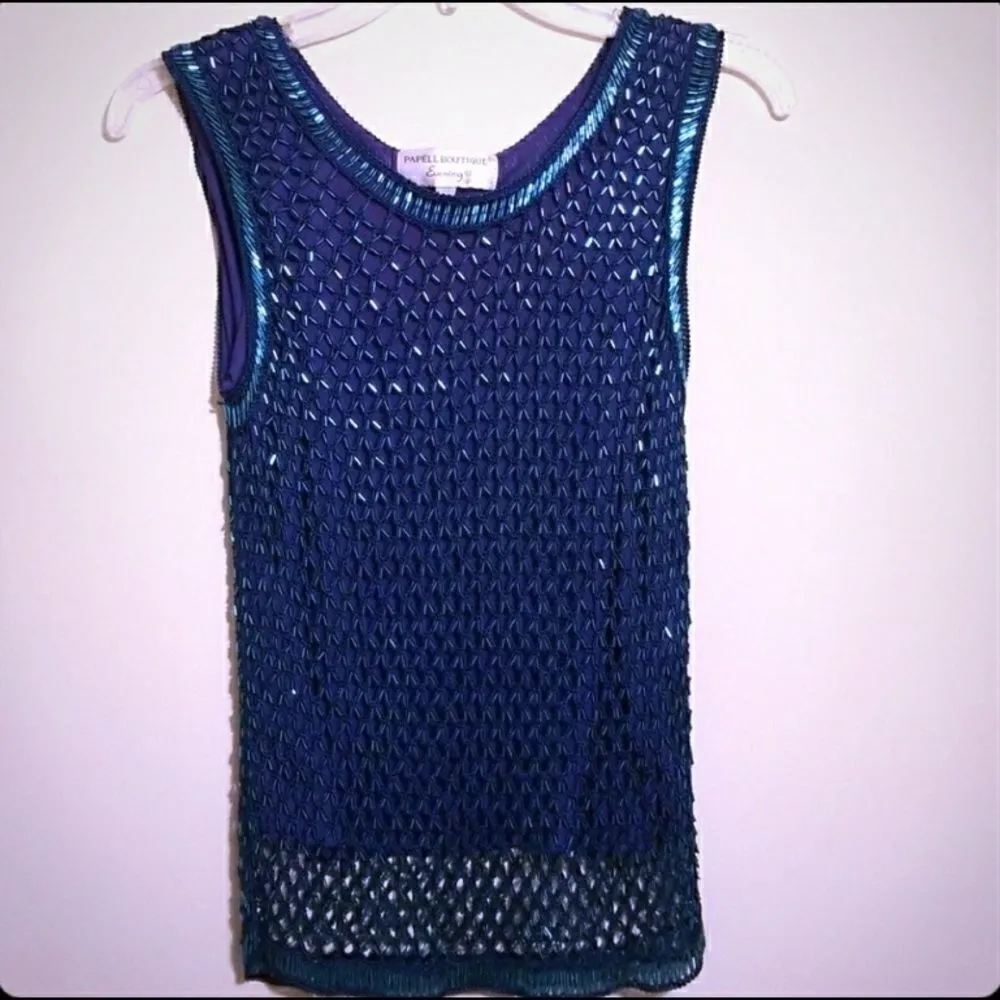 Vintage Papell boutique evening beaded tank C30 Blue Size M - Image 3