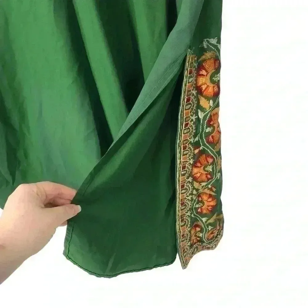 VINTAGE GREEN MOROCCAN EMBROIDERED CAFTAN KAFTAN DRESS OSFM BOHO FESTIVAL Size L - Image 13