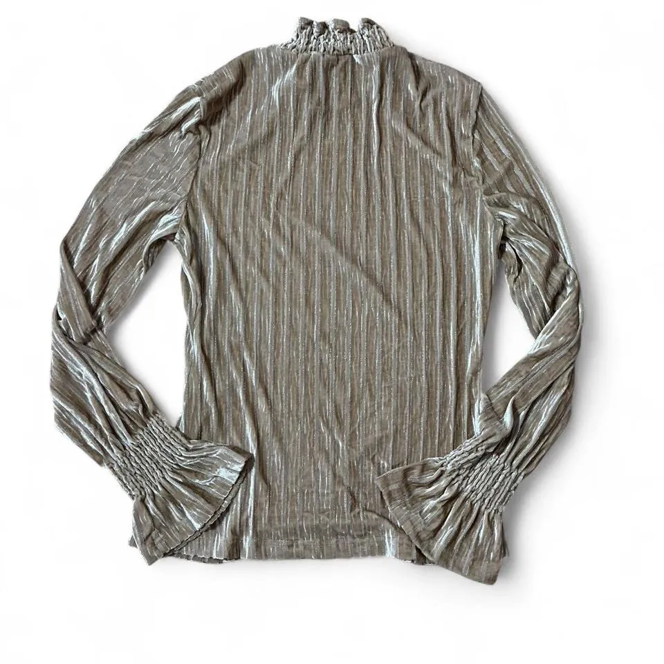 MOTF Metallic Ribbed Turtleneck Velvet Long Sleeve Ruched Blouse Top Size S Brown - Image 2