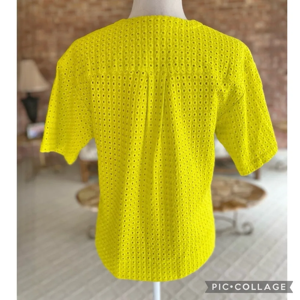 Theory Nolani Top Neon Embroidered Eyelet Short Sleeve Yellow XS V-Neck Bright - Image 7