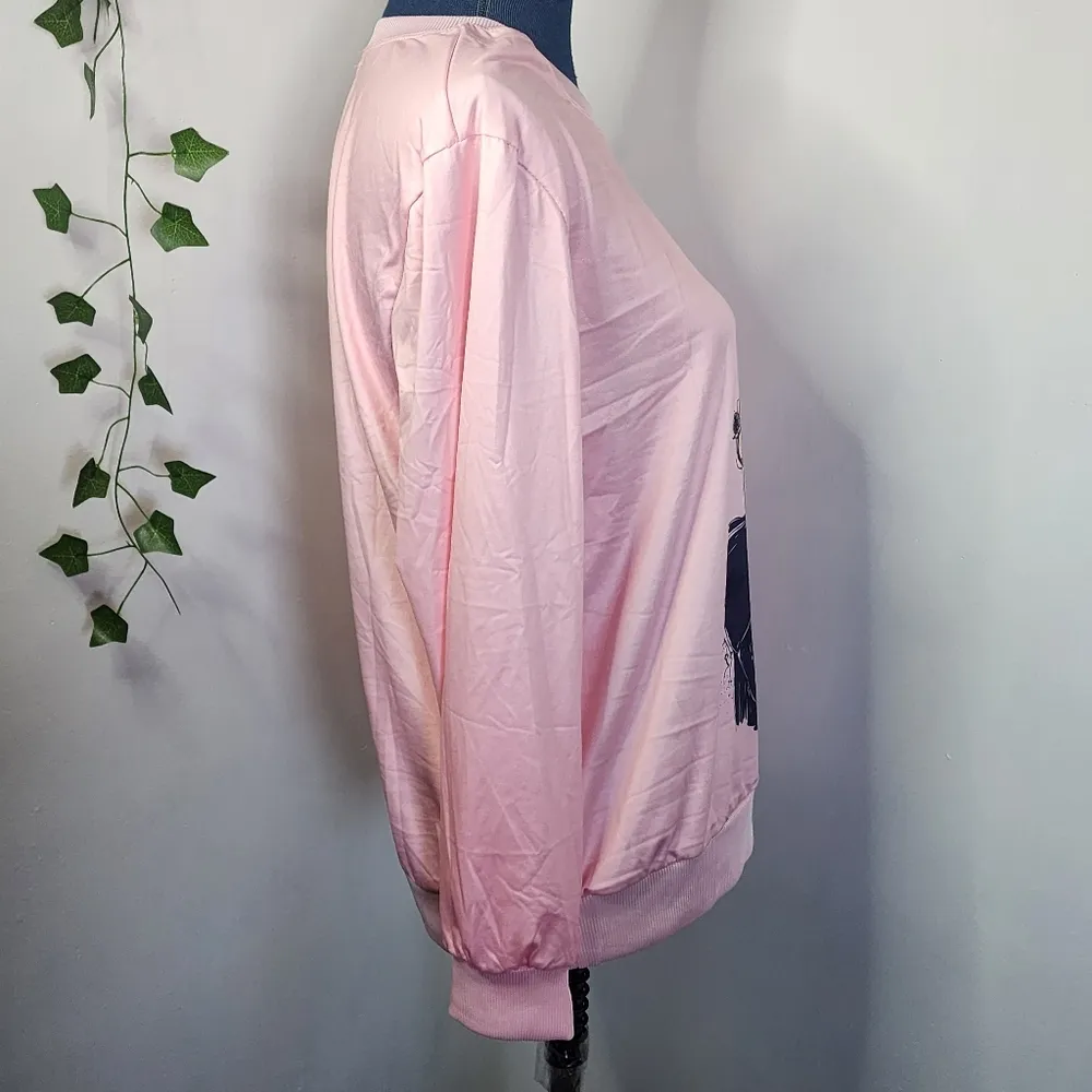 Pink Satin Crewneck Shirt with Glamour Girl Putting on Lipstick Size M - Image 4