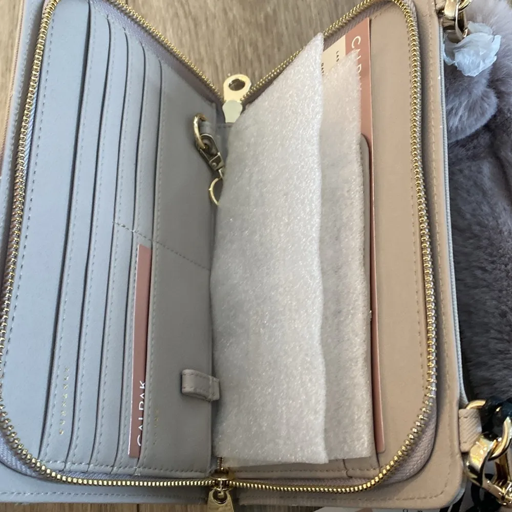 Calpak Travel Wallet RFID protected NWT fur strap Gray - Image 5