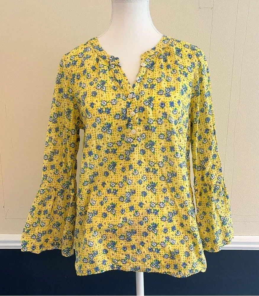 Talbots Floral Blouse Bandana Print Bell Sleeve Size Large Petite Popover - Image 2