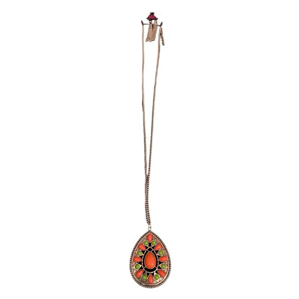 Paparazzi Boho Teardrop Pendant Necklace Orange Green Silver‎ Chain Jewelry R-73 - Image 2