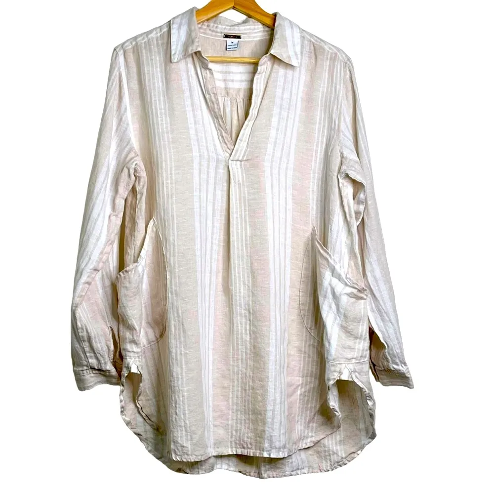 MAGASCHONI Linen Lagenlook White and Tan Stripe Oversized Tunic with Pockets M - Image 12