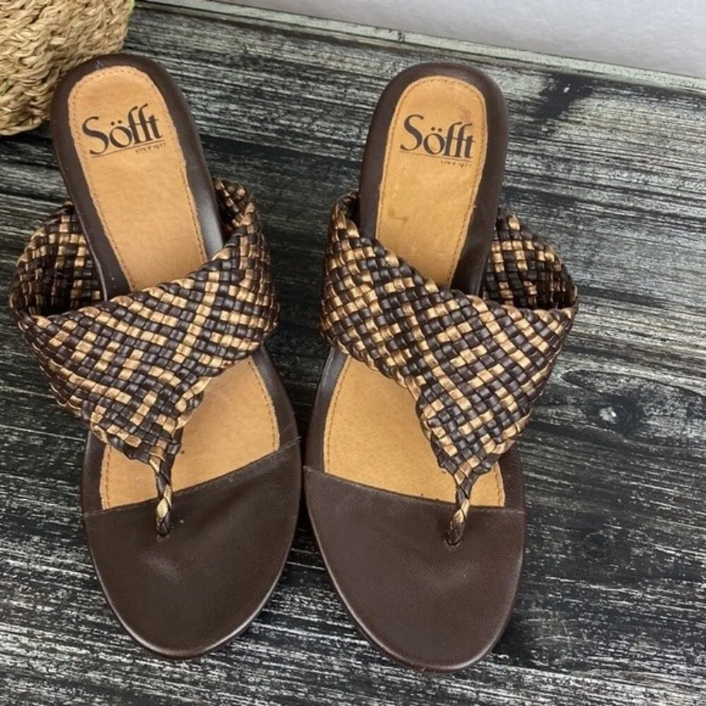 Sofft Brown Two Tone Leather Thong Slip On Heel Sandal Shoes 7.5 - Image 2