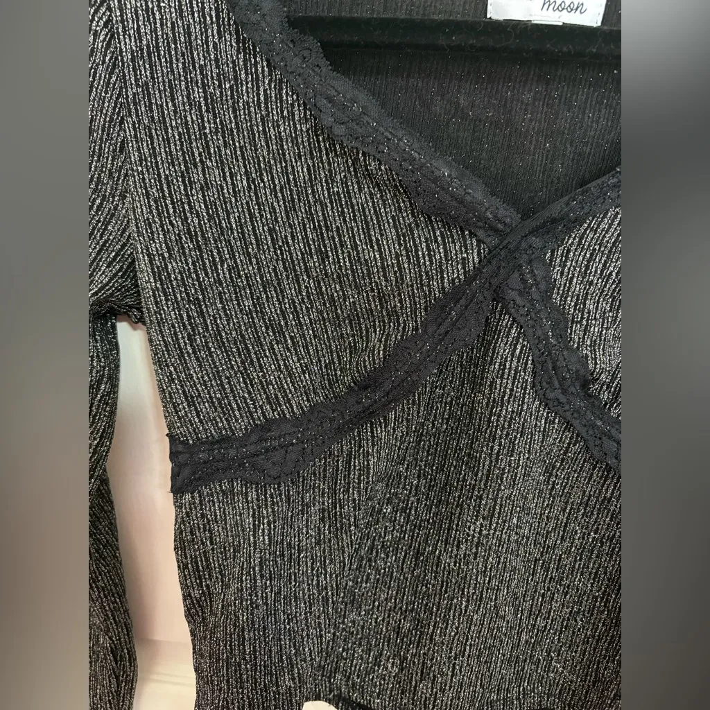 Lavender Moon Metallic Ribbed Lace Trim Long Sleeve Top Black - Image 2