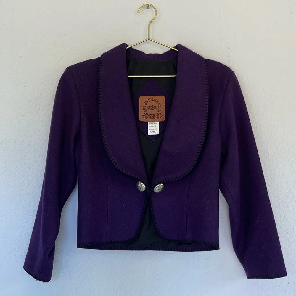 Vintage 80s Western Style Purple Wool Stitched Blazer S - Image 5