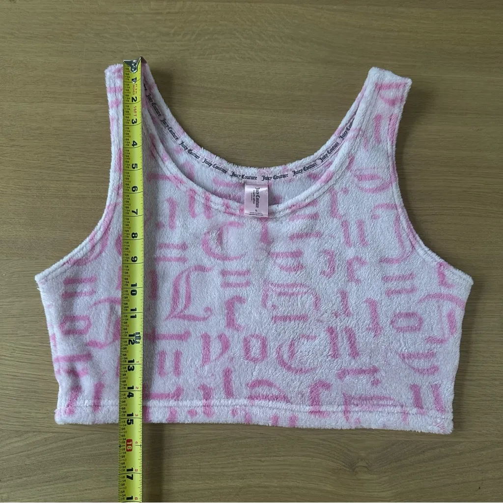 Vintage Y2K Juicy Couture Velour Fleece Tank Crop Top sz L Pink Monogram Pajama - Image 8