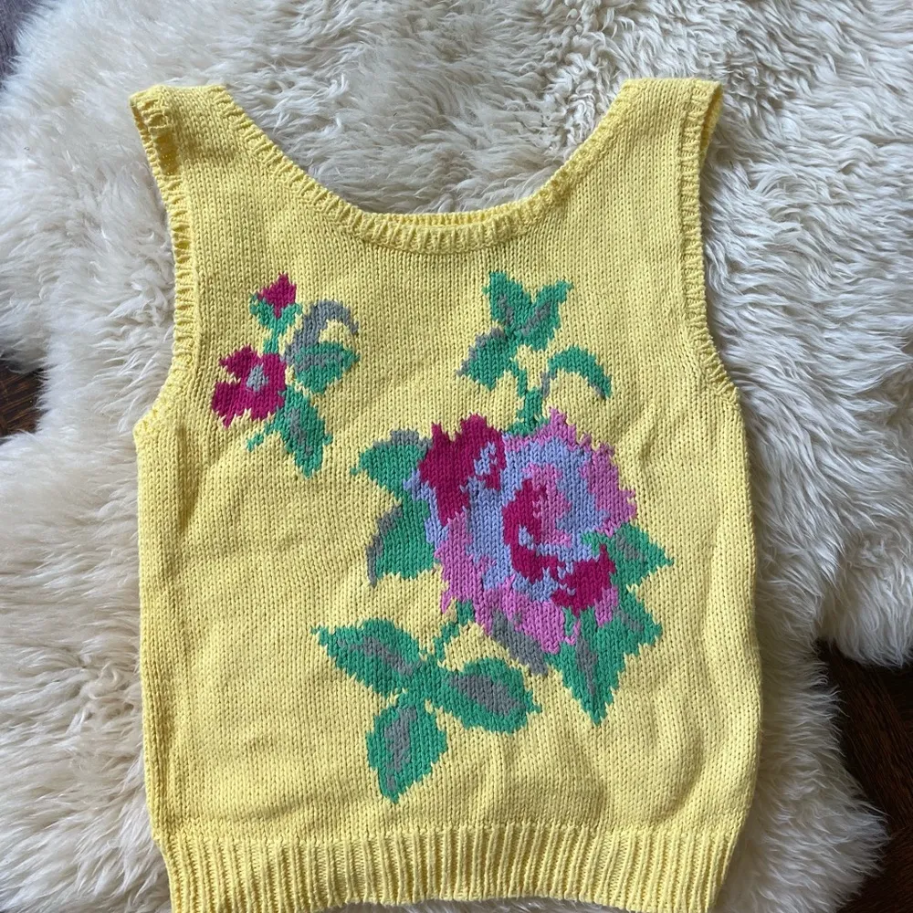 Vintage 90s chunky knit tank colorful floral design pop art Gila brand - Image 2