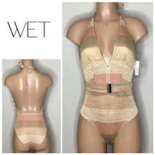 WET Metallic Stripe One Piece Swimsuit Gold Multi Pink Halter Belted Women's XS - Image 2