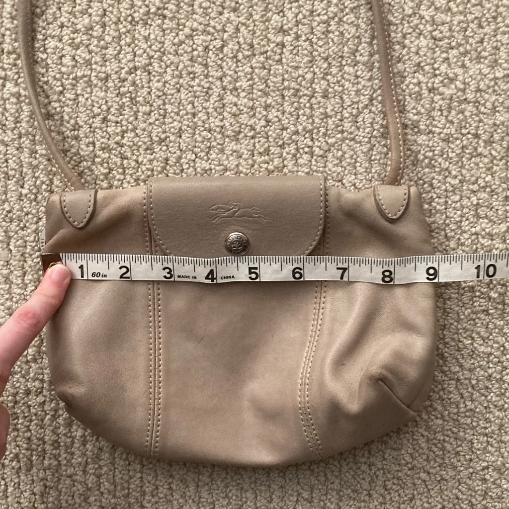 Longchamp Le Pliage Beige Leather Mini Crossbody Handbag Genuine Leather GUC - Image 10