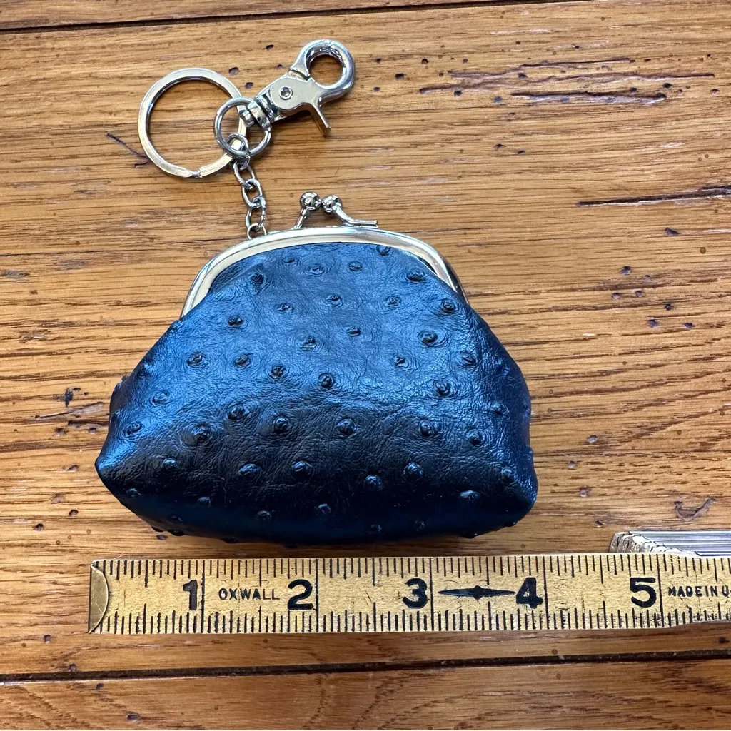 Faux Ostrich Leather Coin Purse Keychain with Lobster Claw Clip Black - Image 2