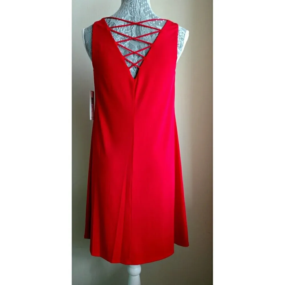 Eliza J Lace-Up Back A-Line Dress Red Jewel Neck 6 New - Image 2
