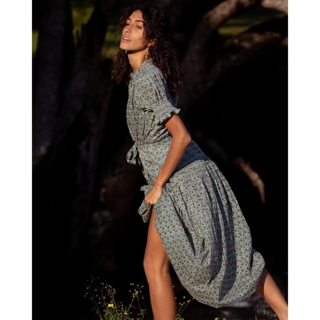 NWoT Daughter's of India Prairie Midi in Sage Floral Cotton Blockprint Dress S Green - Image 6