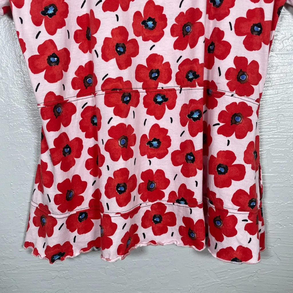LOGO Lori Goldstein Women M Red Pink Floral Poppy Print Flutter Sleeve Shirt - Image 7