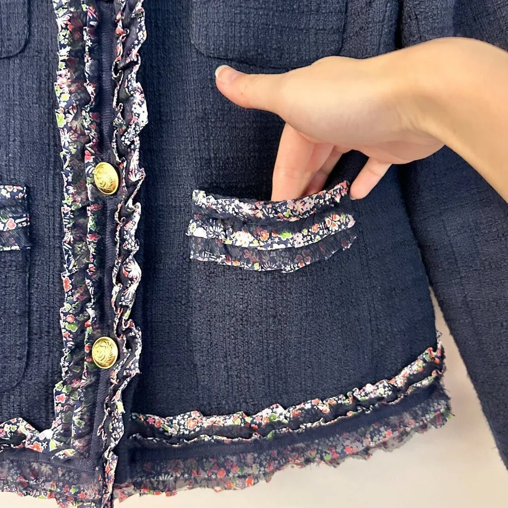 J. Crew Lady Jacket Navy Blue Floral Liberty Fabric Ruffle Trim Tweed Blazer (4) - Image 8