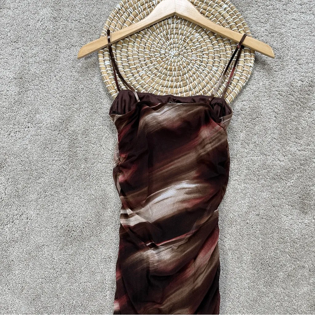 Lovely Day Women’s Ruched Mesh Sleeveless Midi Slit Dress in Brown Tie Dye M - Image 6