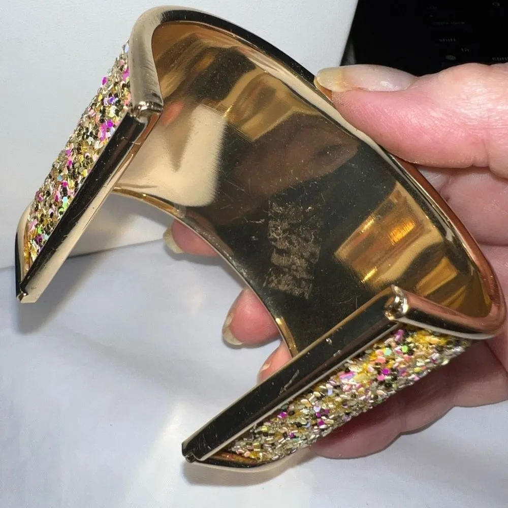 Gold Tone Large Chunky Iridescent Sparkle Cuff Bracelet - Image 6