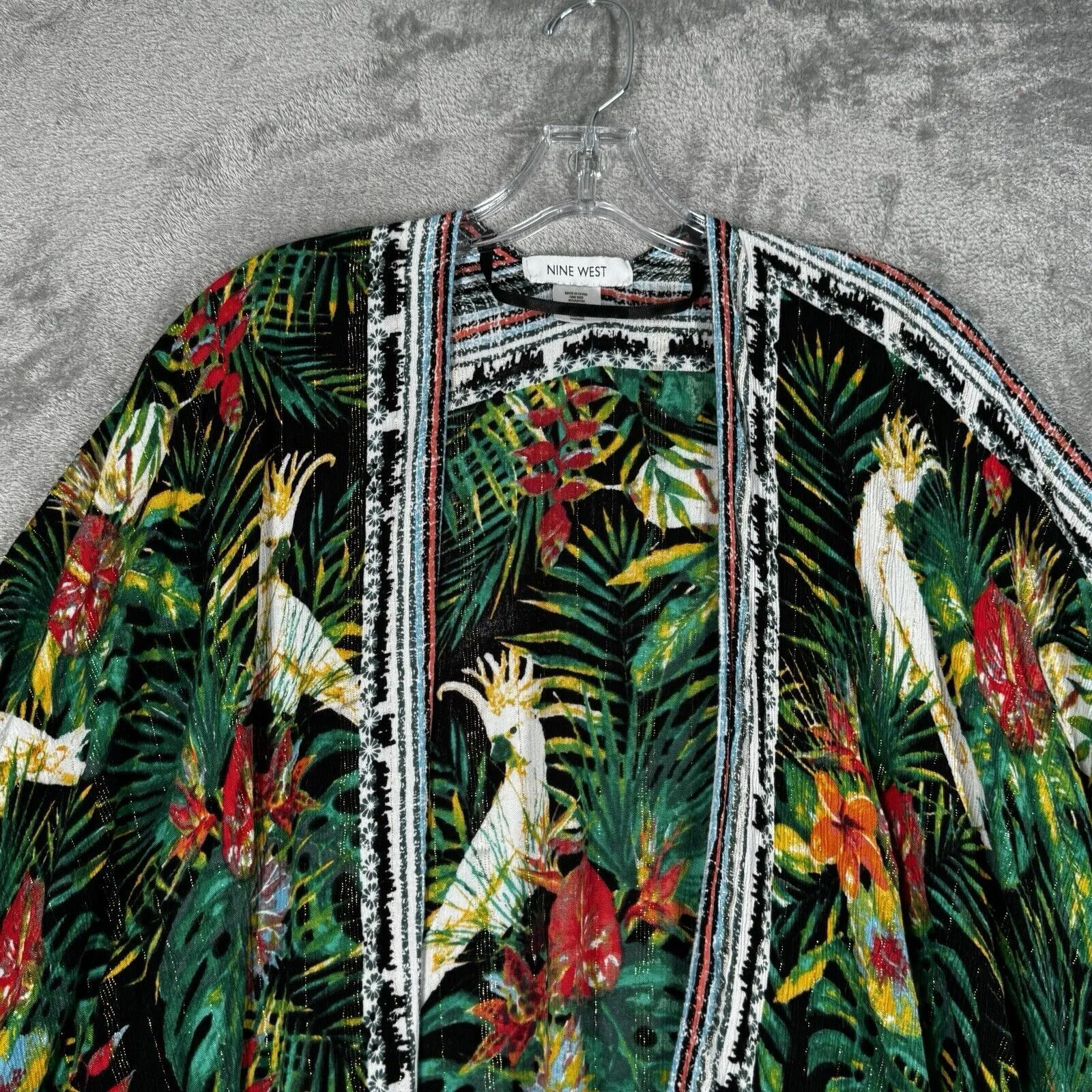 Nine West Kimono Women One Size White Black Green Botanical Cockatoo Boho Nature - Image 4