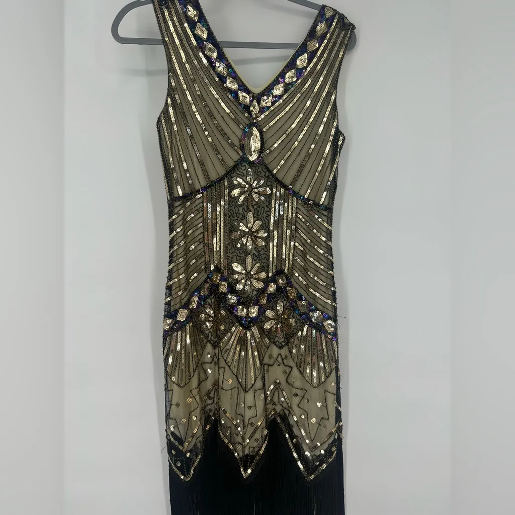 1920s Flapper Great Gatsby Charleston Sequins Beaded Fringe New Year Dress Gold Size M - Image 6