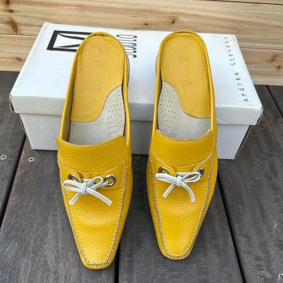 Y2K NWOT New Yellow Leather Mule Loafers Tansy Andrew Stevens Heel Mules w/ Box Size 6.5 - Image 2