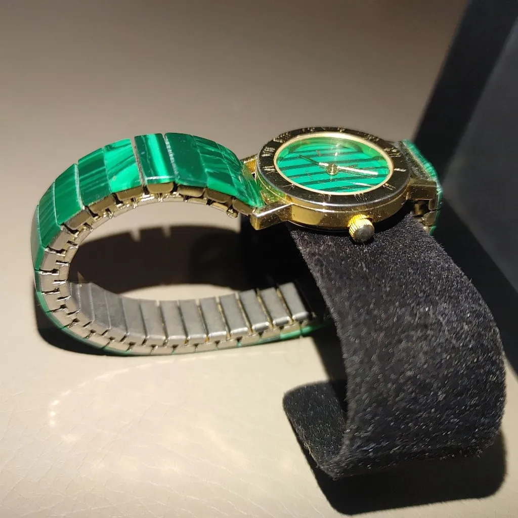 Michelle Louise Wristwatch Malachite Vintage Style Roman Numeral Gold Tone Bezel Green - Image 7
