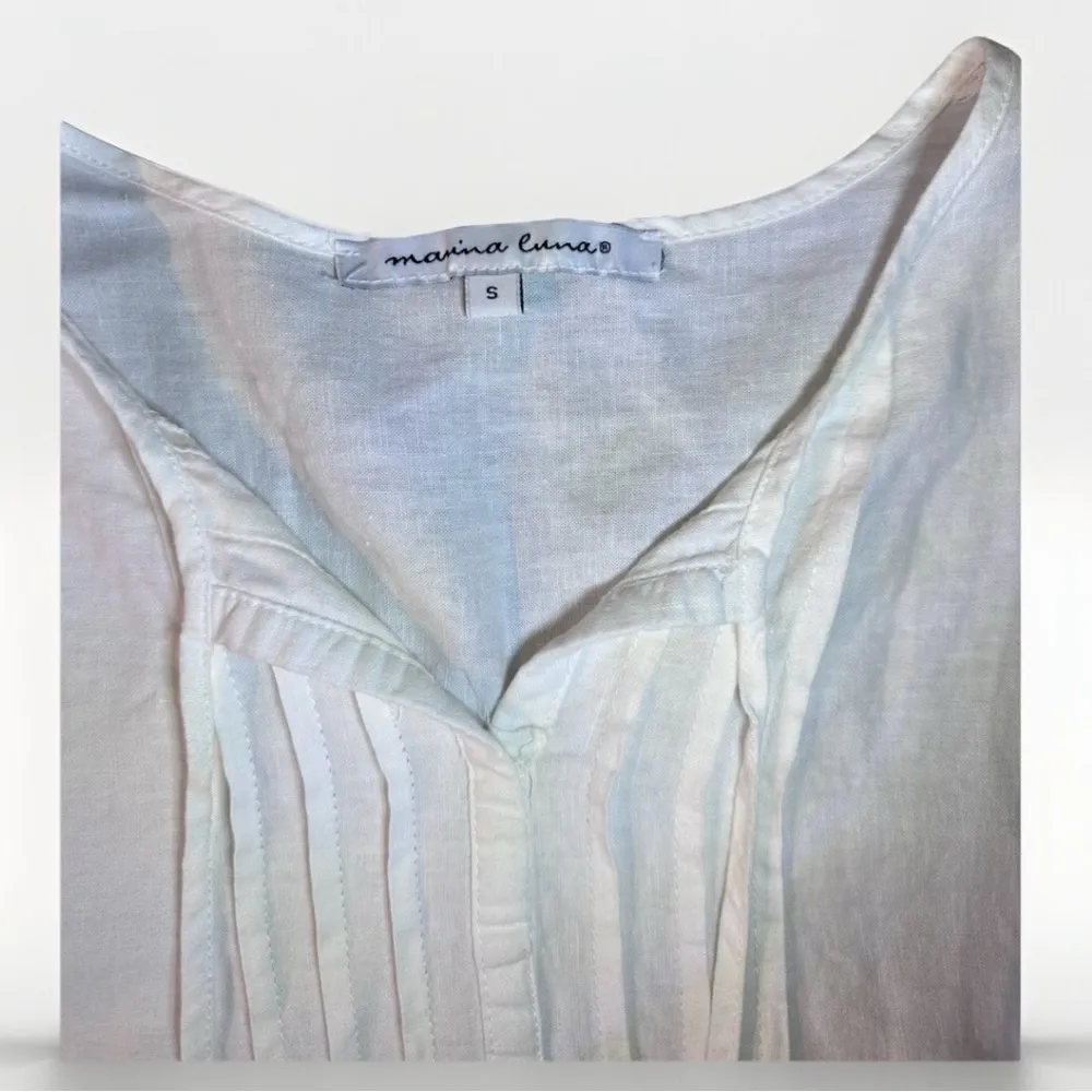 Marina Luna Eyelet Embroidered Blouse Top S White 3/4 Sleeve Pintuck Boho linen - Image 9