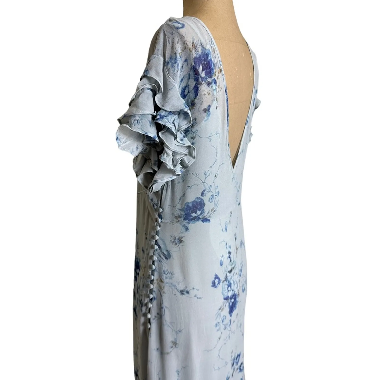 LoveShackFancy Maxi Dress Blue Silk Floral Short Ruffle Sleeve New - Image 7