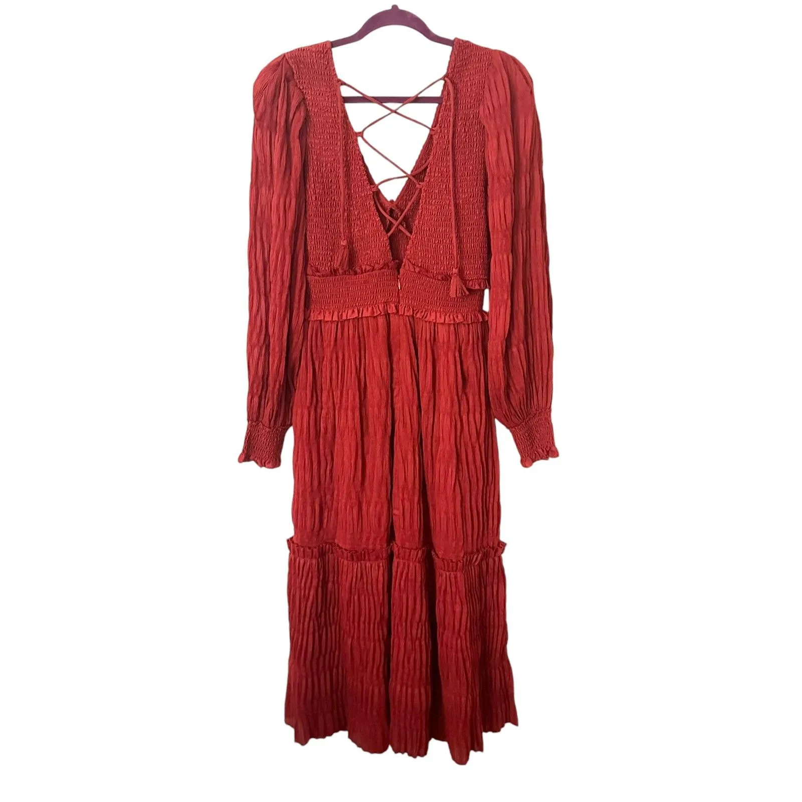 SEA NEW‎ YORK Pasha Pleated Smocked Midi Dress Brick Red Medium - Image 3