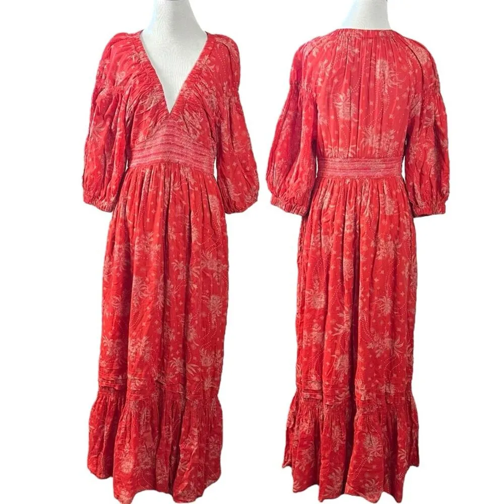 Free People Golden Hour Maxi Dress Cherry Red XS Bohemian Spring Floral 70s - Image 8