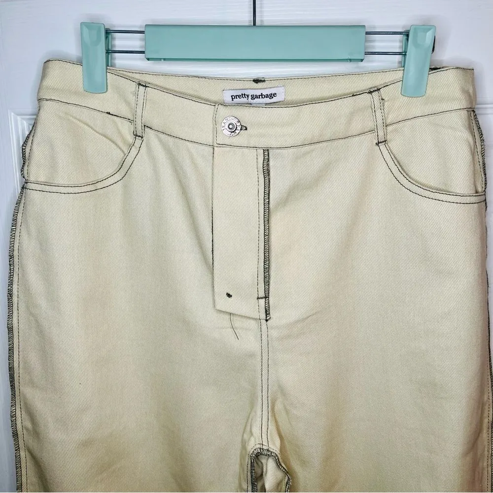 PRETTY GARBAGE Reversed Detail Cotton Pants Wide Leg Stone Cream M NWT Tan Size M - Image 5
