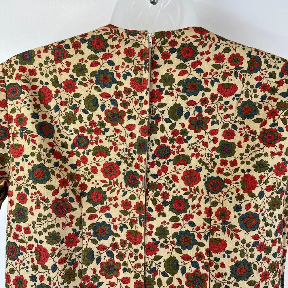 Vintage Handmade Dress Printed Floral Aline 60s Green Red - Image 3
