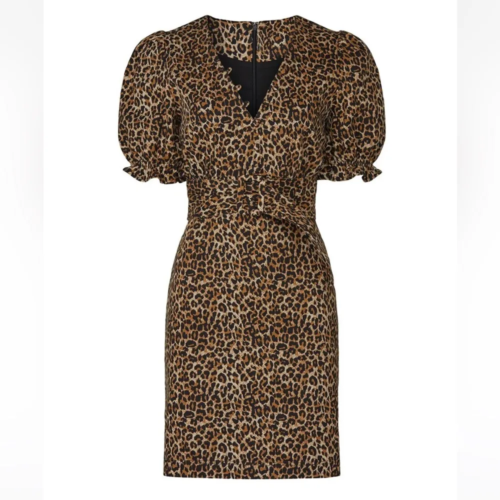 Belted Leopard Print Denim Mini Dress Long Sleeve Safari Neutrals L - Image 5