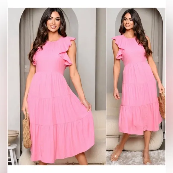 Flutter Ruffle Sleeve Modest Mid/Ankle Barbie Pink Spring Summer Dress - Image 2