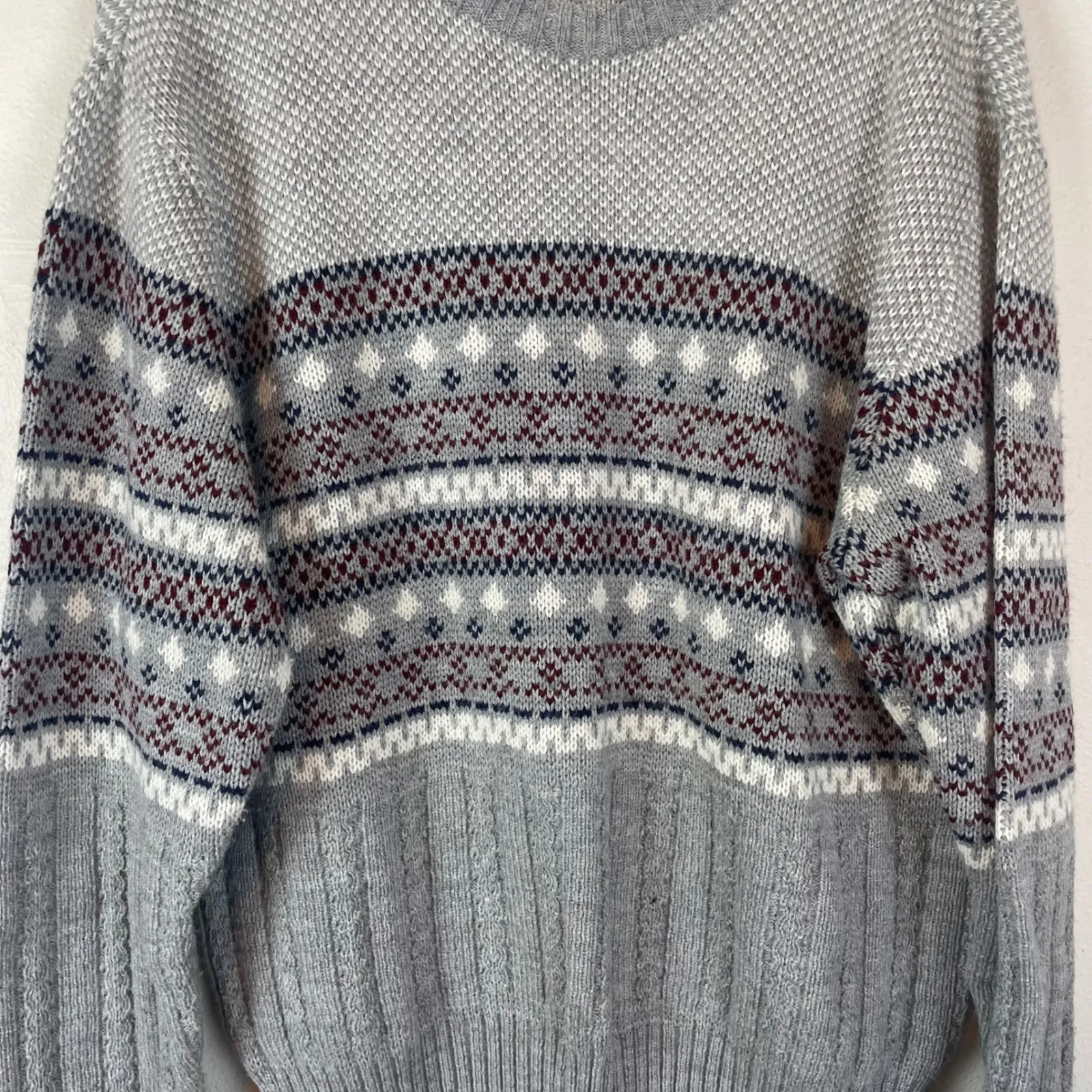 Mens Fair Isle Geometric Pattern Crewneck Grandpa Sweater XL Acrylic Gray‎ Gray - Image 3
