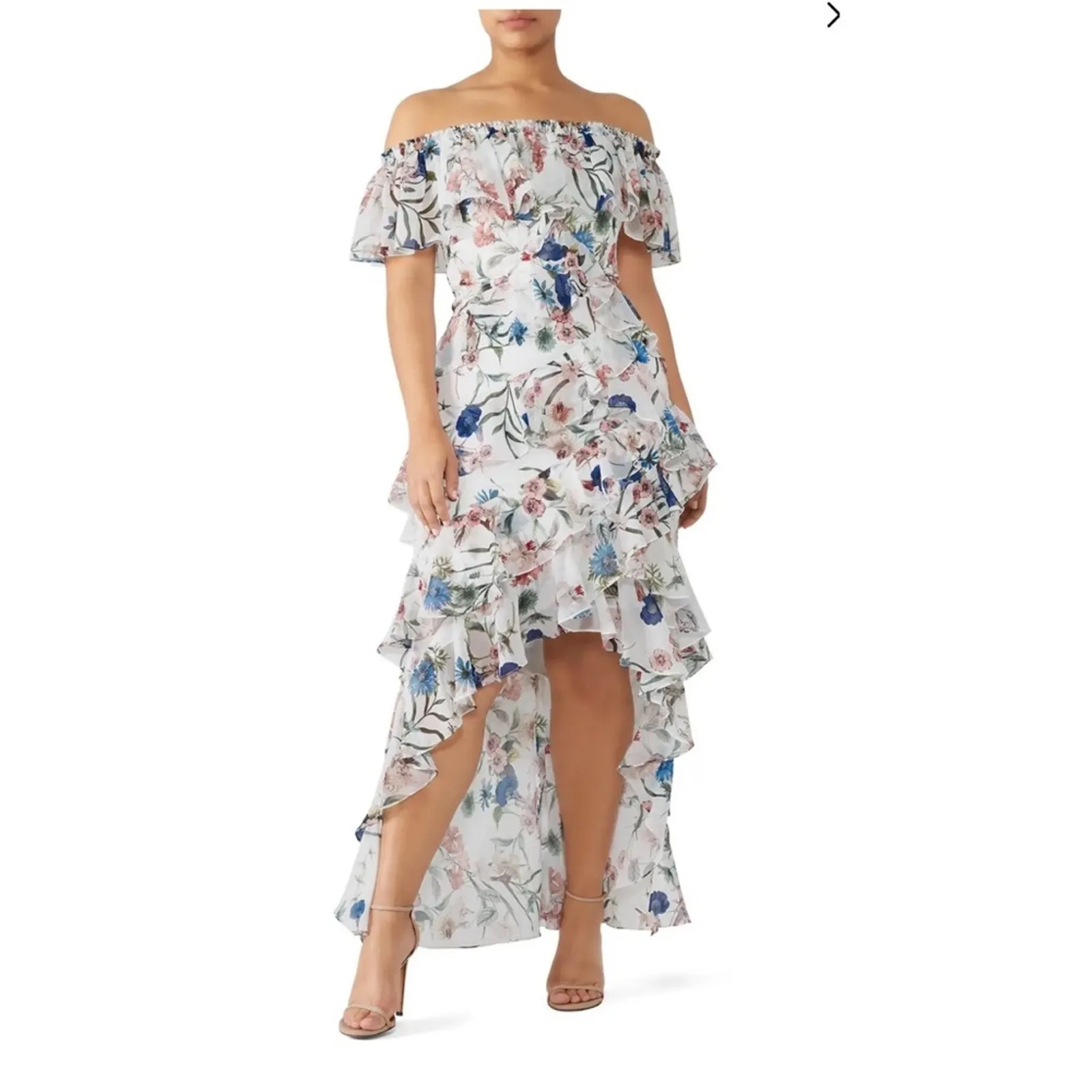 Badgley Mischka White Floral off the shoulder ruffle High Low Maxi Dress - Image 2