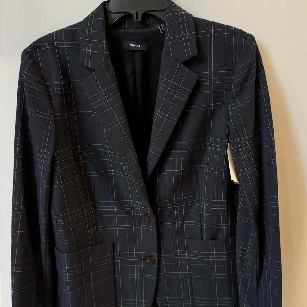 $495 Theory Women's Blue Dover Windowpane Plaid Single-Breasted Blazer Jacket 6 - Image 4