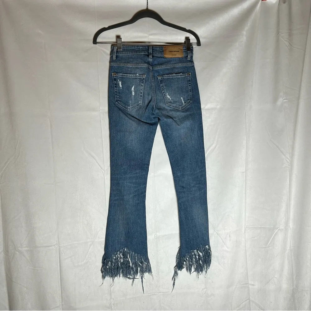 Zara Embroidered Floral Patch Raw Fringe Hem Distressed Denim Bootcut Jeans 00 - Image 2