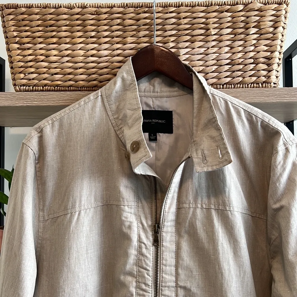 Banana Republic Linen Baracut Taupe Woven Textured Full Zip Spring Jacket, L - Image 2
