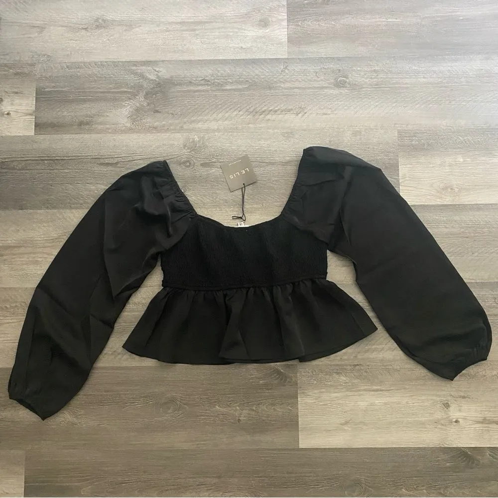 Le Lis Smocked Puff Sleeve Peplum Top NEW Black Medium - Image 3
