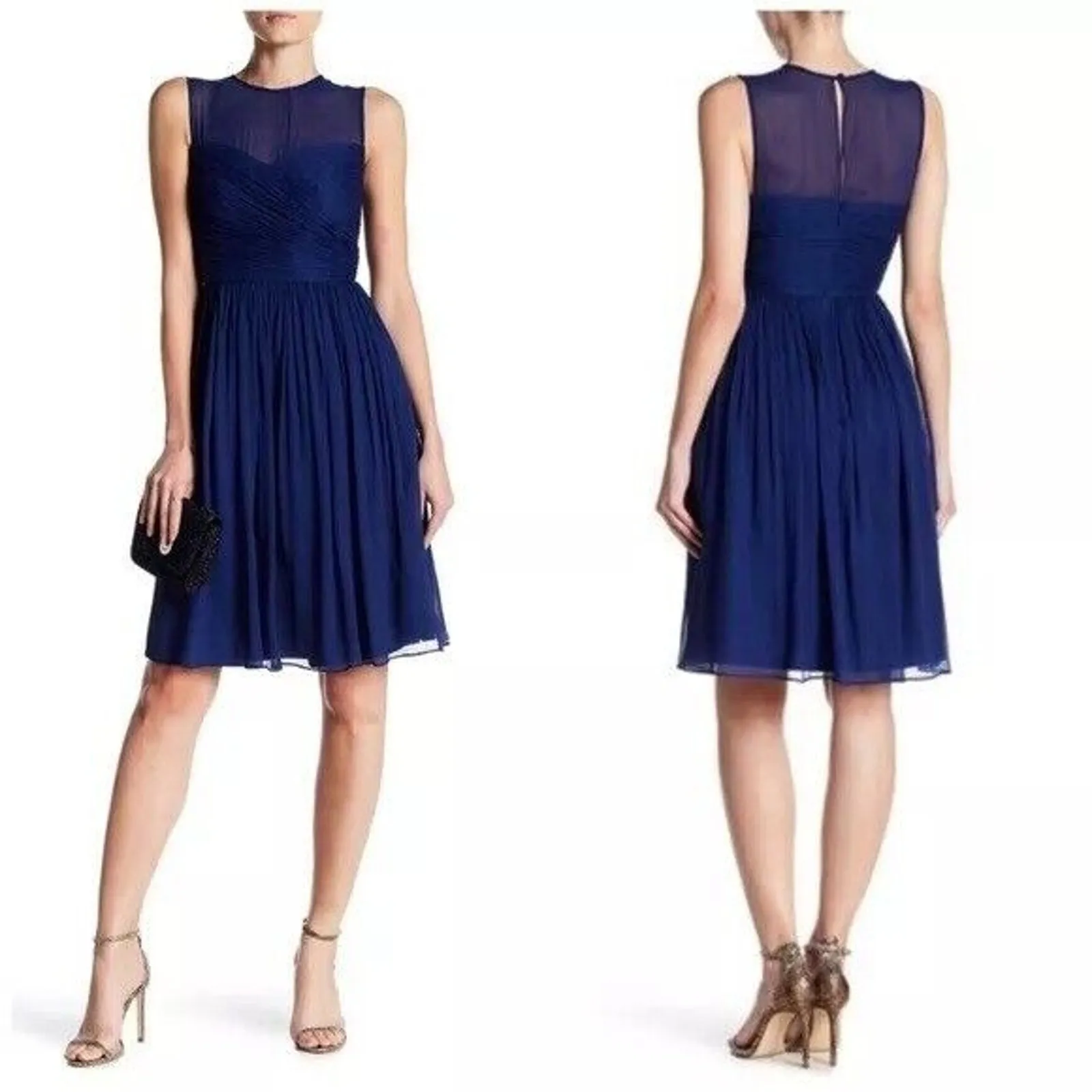 J Crew Womens Dress Sz 2‎ Clara 100% Silk Sheer Chiffon Neckline NEW Navy Blue - Image 2