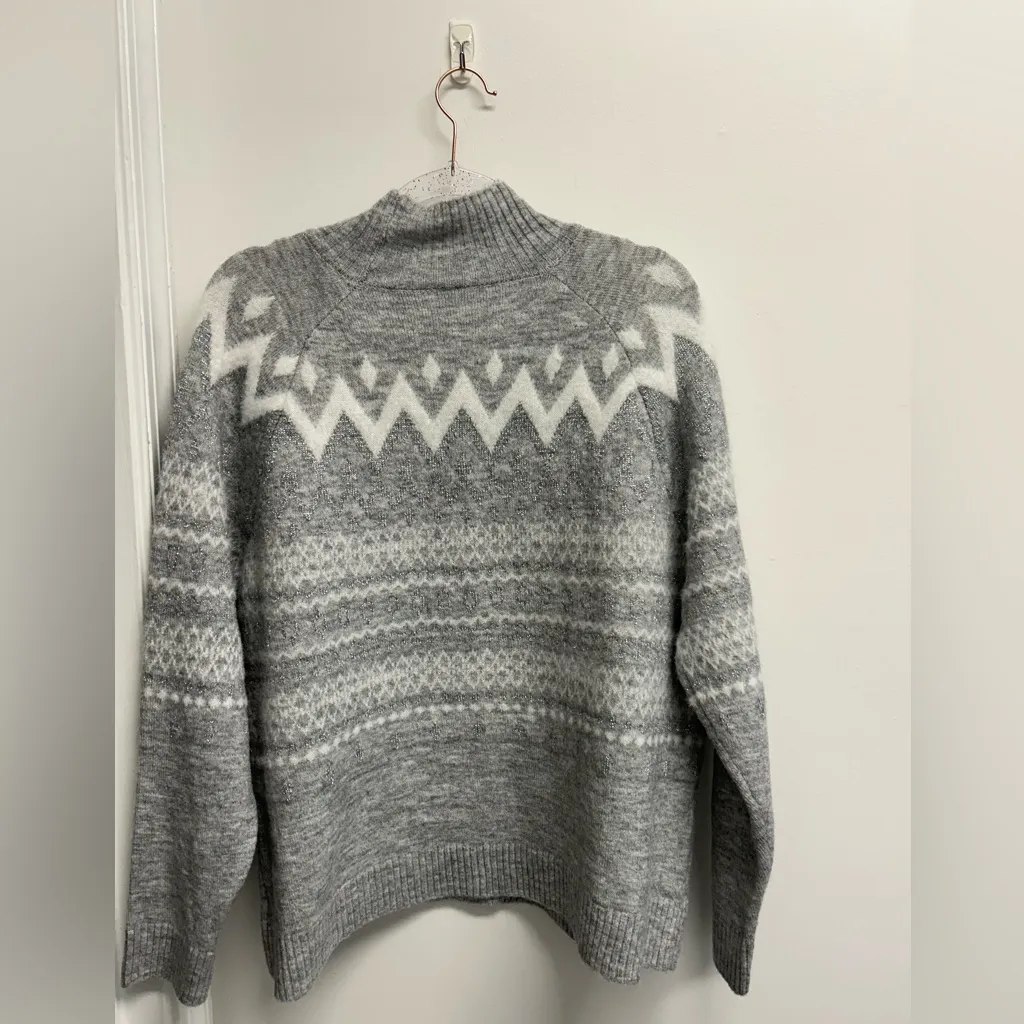 Gray Fair Isle Pattern Sparkly Soft Women's Holiday Sweater - Image 2
