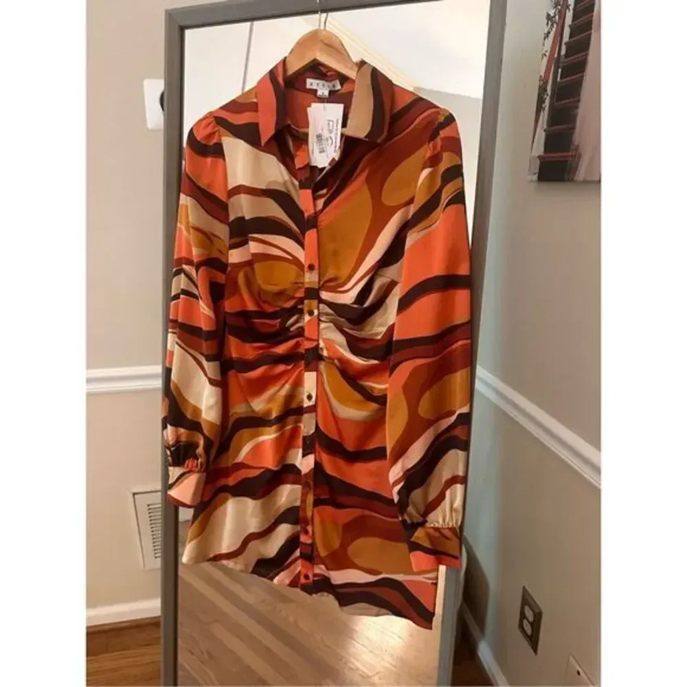 HYfVE Button Down Dress Come Again Printed Dress-Brown NWT Small‎ - Image 2