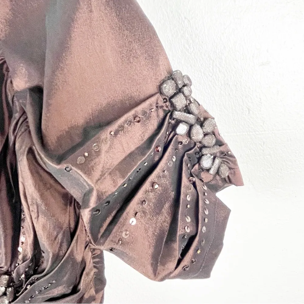 TADASHI SHOJI Brown Ruched Sequin Puffer Sleeves Deep V-Neck Maxi Dress Size 14 - Image 7