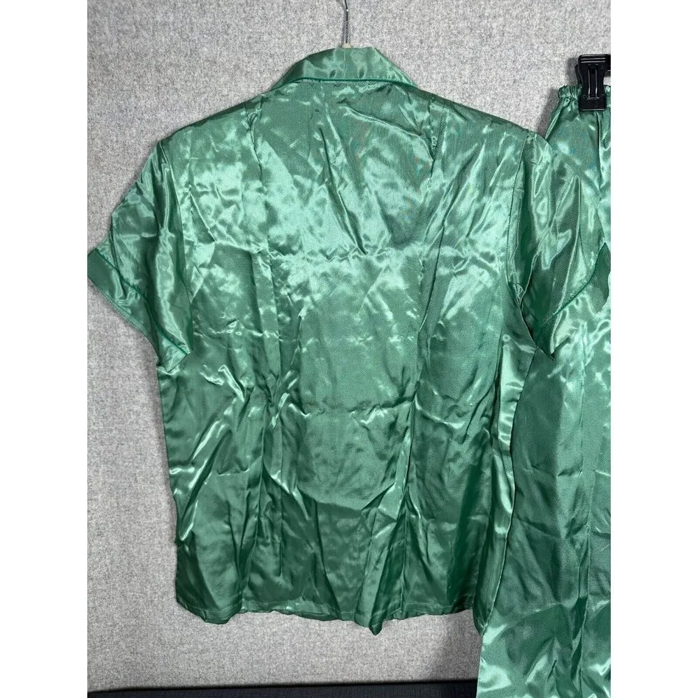 New Vintage Longevity Green Satin Chinese Pajama Set Large Embroidered Top Pants - Image 6